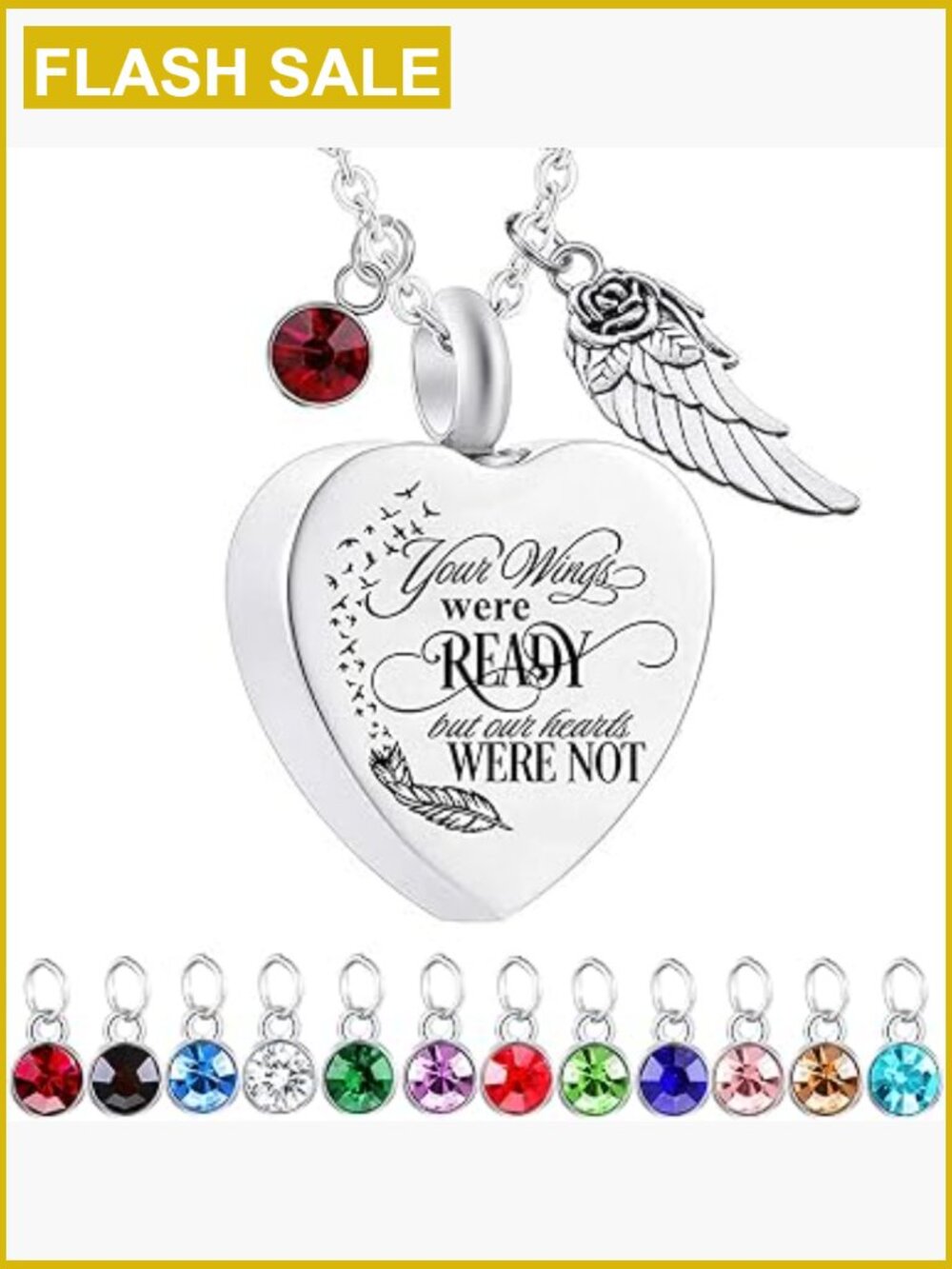 Memorial Urn Necklace with Angel Wing Charm and Birthstone Crystal